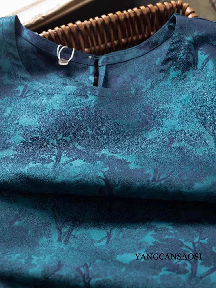 Heavyweight 100% Natural Mulberry Silk Song Jin New Chinese Style Elegance Blue Bottom Tree Women's Fashion Vest Dress