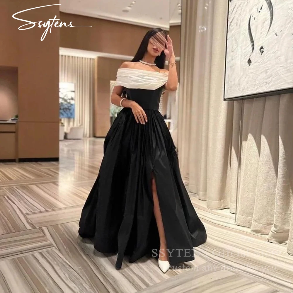 

SSYTENS Modest Black White Evening Dresses Off Shoulder A Line Wedding Party Dress Customized Pleat Taffeta Women Celebrity Gown