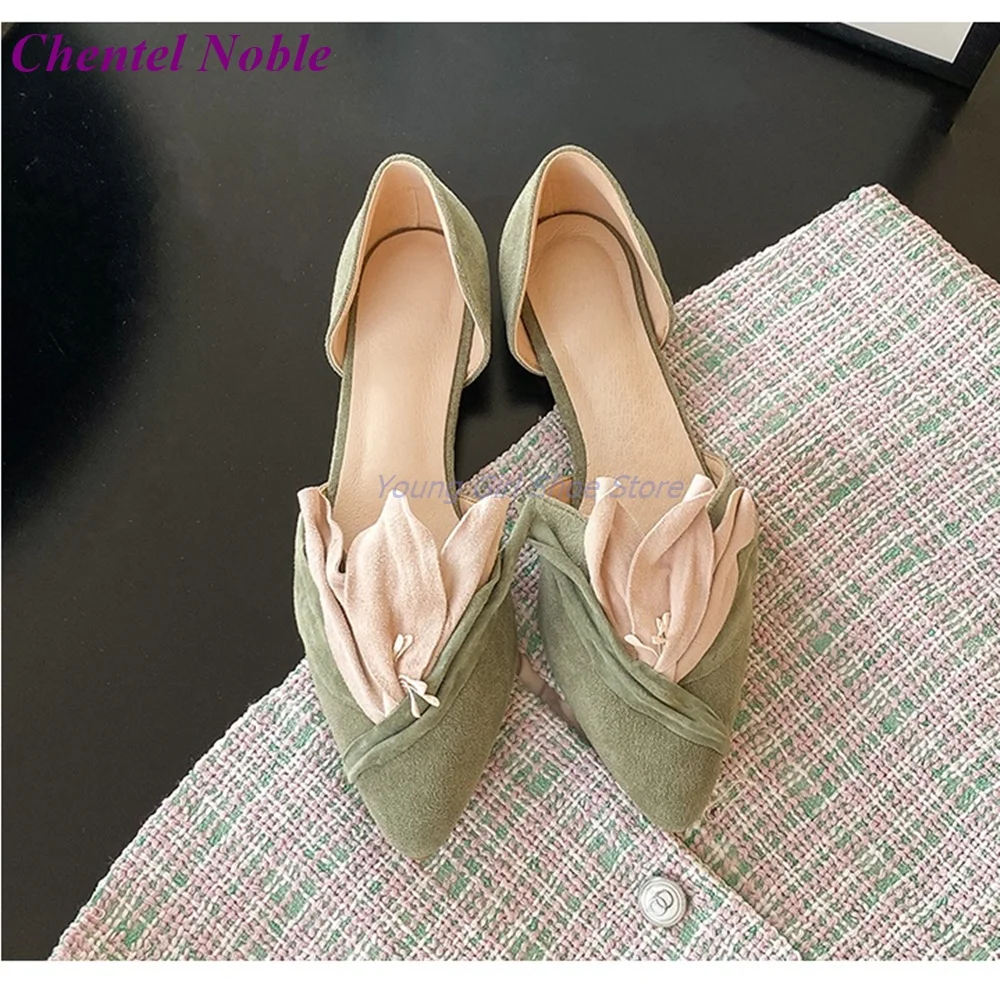 Cowhide Petal Prong Pumps Hollow Flat Heel New Arrival Spring Summer Women Shoes Dance Elegant  Retro Fashion Shoes Green Pink