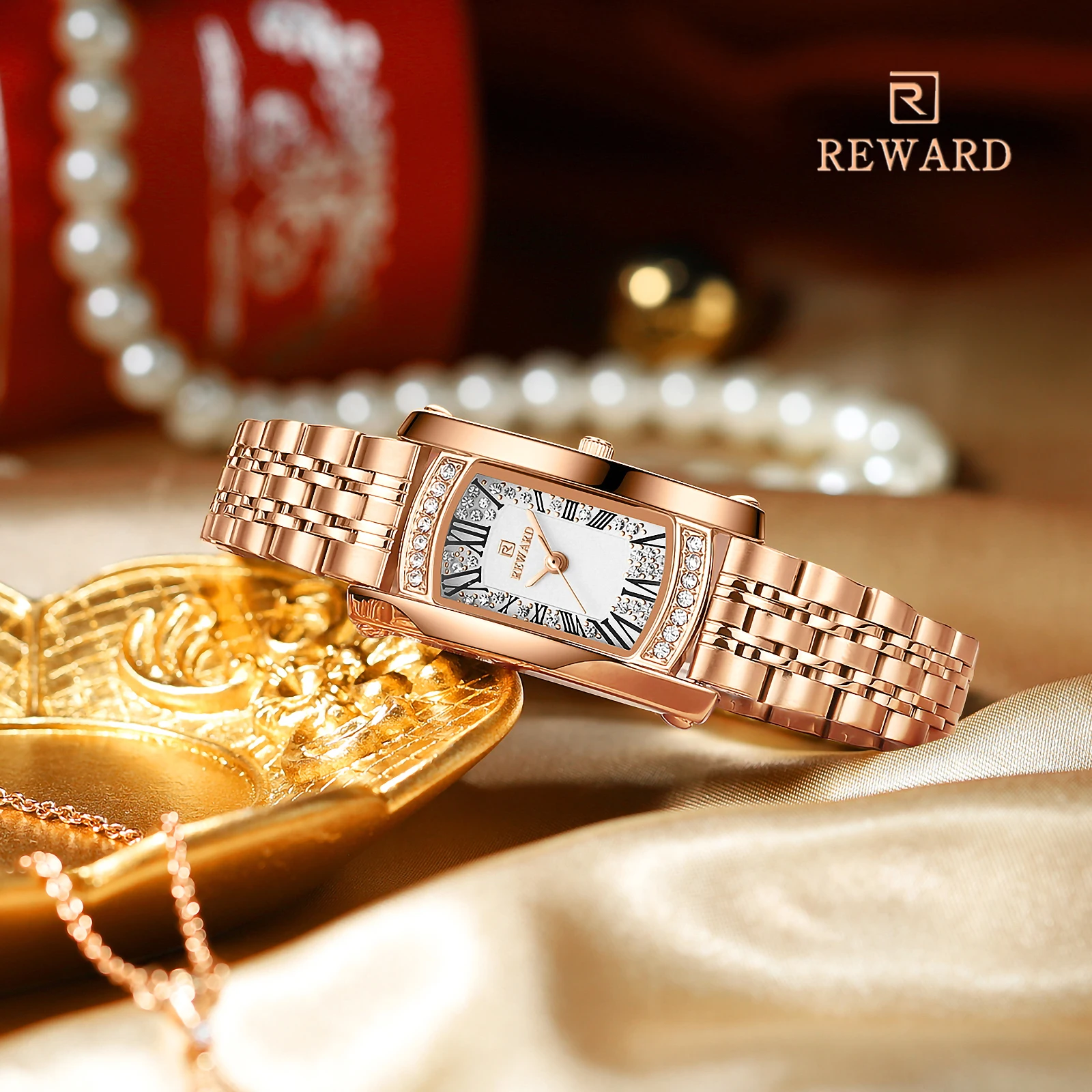 REWARD Rose Gold Quartz Watch for Girl Waterproof Luminous Diamond Women Watch for Ladies Fashion Clock view 2