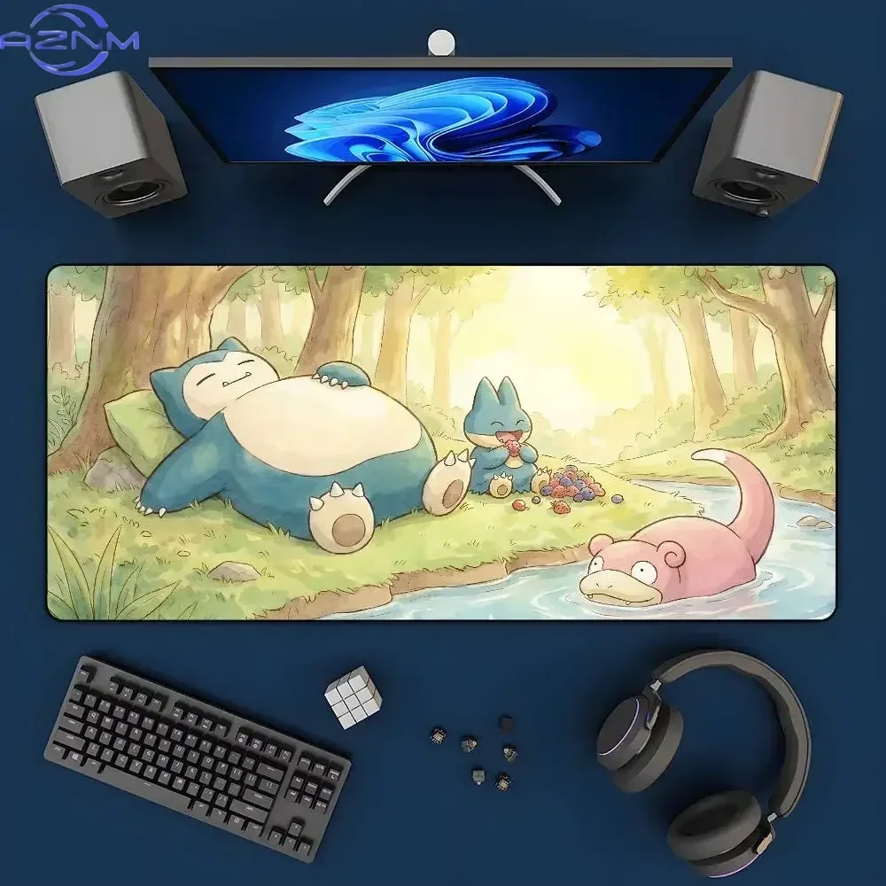 Cute Snorlax Munchlax Slowpoke Forest Stream Anime Large Mousepad, Rubber Non Slip TCG Playmat, Trading Card Game Desk Table Pad