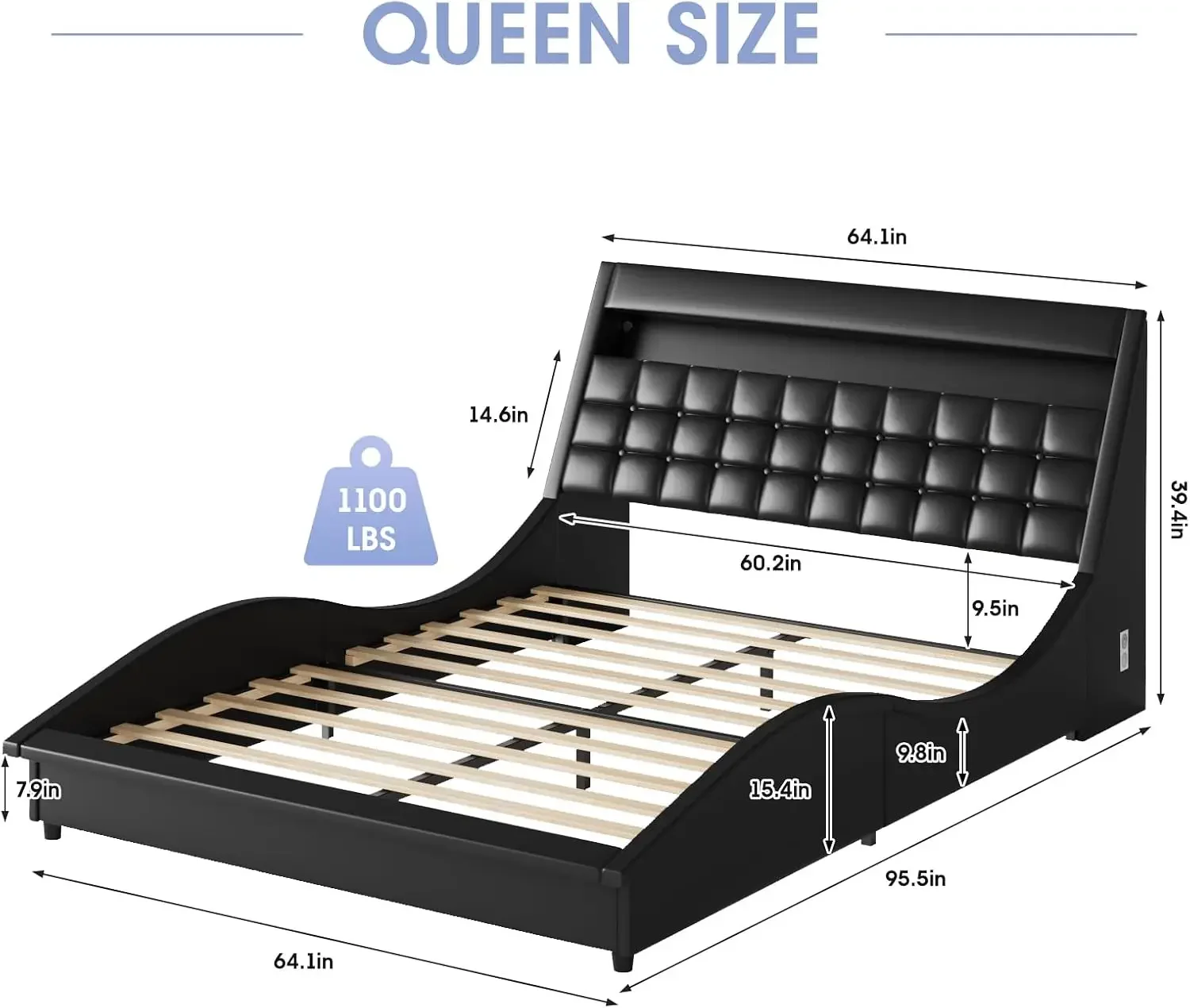 Queen Size LED Bed Frame with Bluetooth Speaker, PU Leather Upholstered Platform Bed Frame with Charging Station, Modern Wave-Li