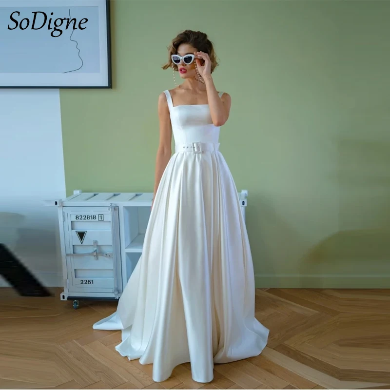 

SoDigne A-line Simple Wedding Dresses Square Collar Satin Sleeveless Bridal Dress 2024 Long Bride Gown vestidos de novia