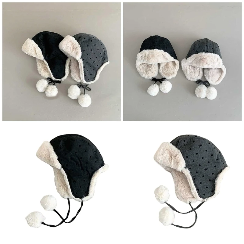 Windproof Earflap Hat Soft & Warm with Dot & Bowknot Decor for Outdoor Activity and Cycling Kids Plush Bonnet Caps