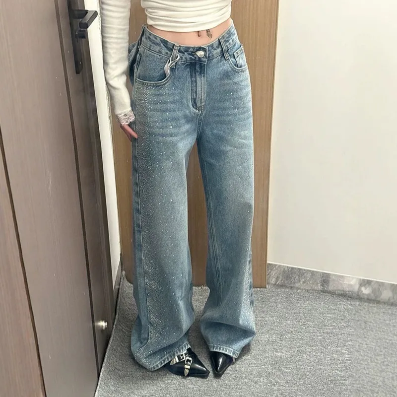 ANJY Spring Autumn New Women American Style Hot Girl Detachable Bow Design Diamond Denim Pants Vintage Straight Leg Jeans A27585