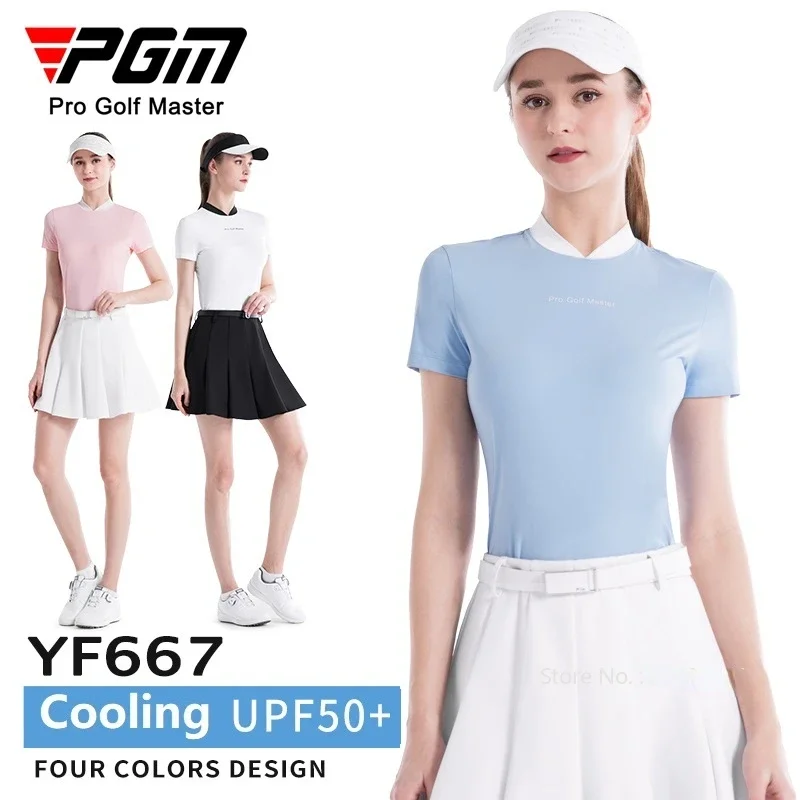 

PGM Golf Women Summer V Neck Slim Tops Ladies Short Sleeved Ice Silk T-shirt Sunscreen Sports Stretch Golf Shirts Anti-UV UPF50+