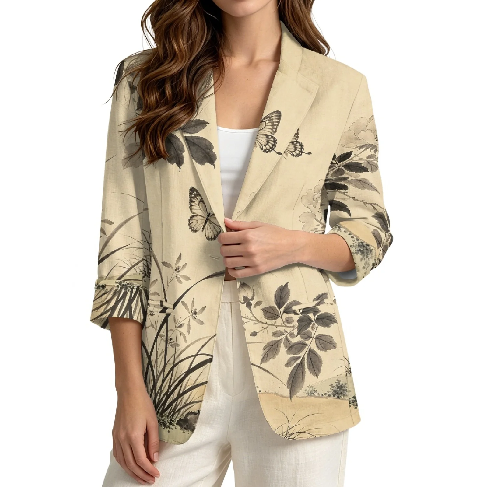 PENSTROLL Butterfly Floral Linen Like Beach Cardigan for Vacation with Pockets Outerwear Cardigan Coat