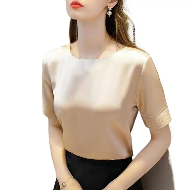 

2024 Summer Korean claret Tops Spring Acetate Satin Tees Women High Quality Ladies casual elegant silk satin blouse 10 colors