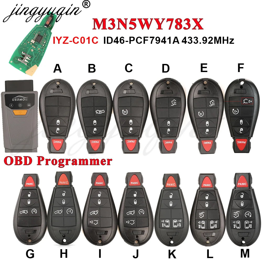 Chave Remota de Carro 433Mhz 7941 OBDII M3N5WY783X para Chrysler Town & Country, Jeep Grand Cherokee, Dodge Caravan, Journey IYZ-C01C