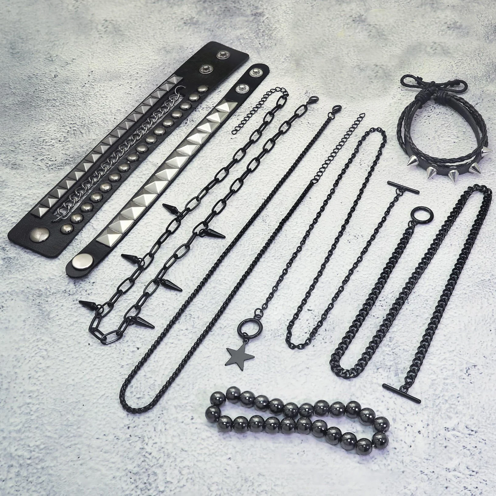 Layered Star Goth Necklace & Emo Studded Bracelets Set, Unisex