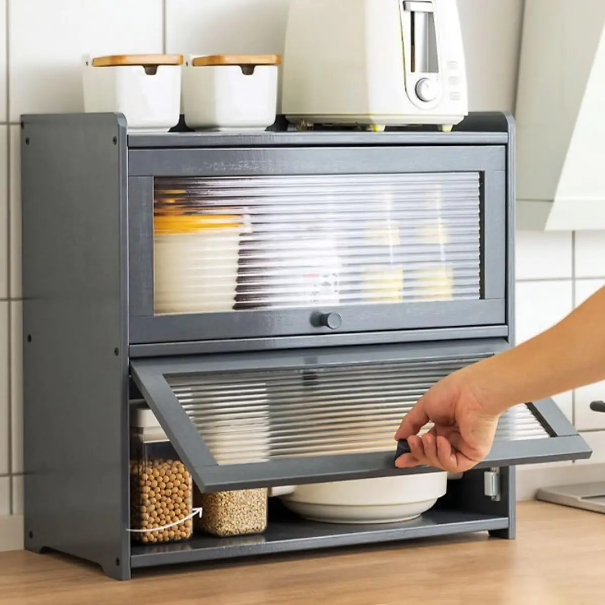 Gdrasuya10 Bamboo Countertop Pantry Cabinet, 2 Tier Kitchen Pantry Storage with Doors, Spice Organization Shelf for Bowls, Cups,