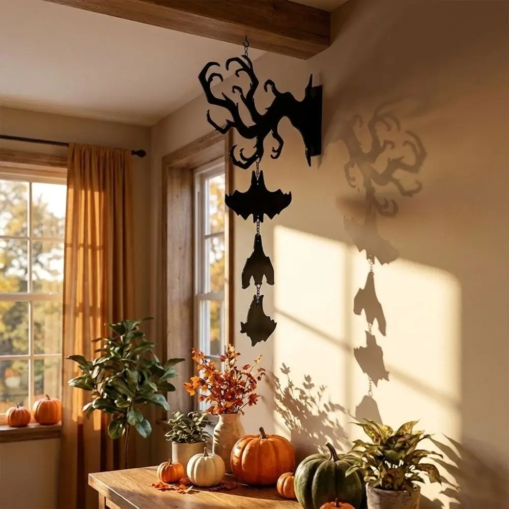 2D Flat Inverted Branch Bat Wind Chime with Bell Gothic Style Hanging Bat Pendant Spooky Wall Mount Hanging Door Bell Porch