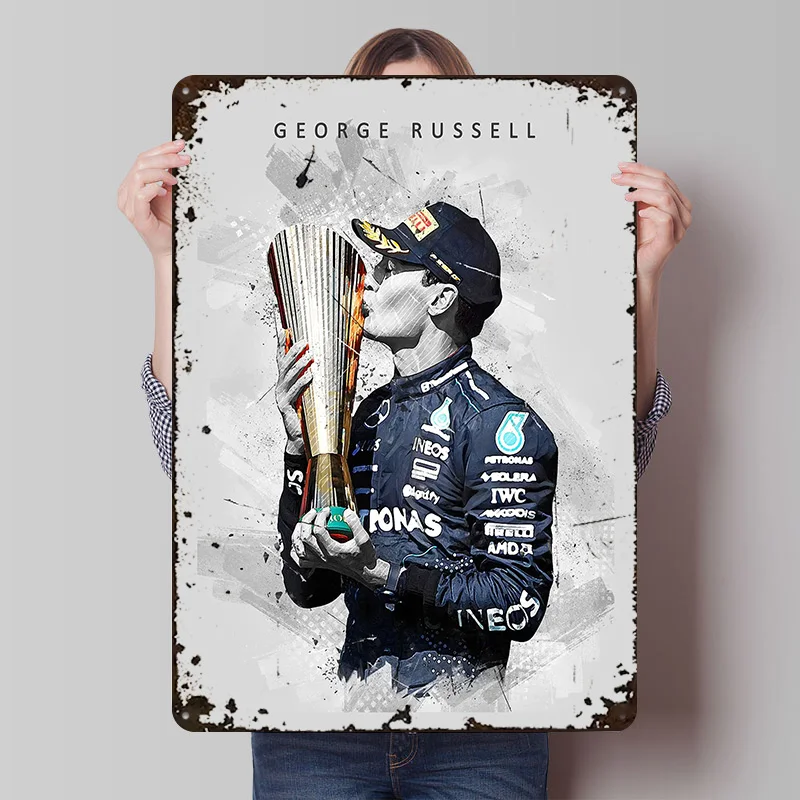 George Russell Victory Celebration Printed Posters Customizable Wall Art Retro Vintage Metal Tin Signs for Home Room Custom Sign