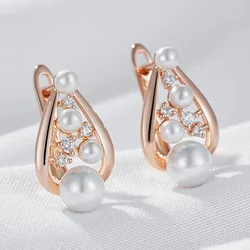 Wbmqda Cute Pearl Drop Earrings For Women 585 Rose Gold Color With Natural Zircon Elegant Daily Party Jewelry 2024 Best Gift
