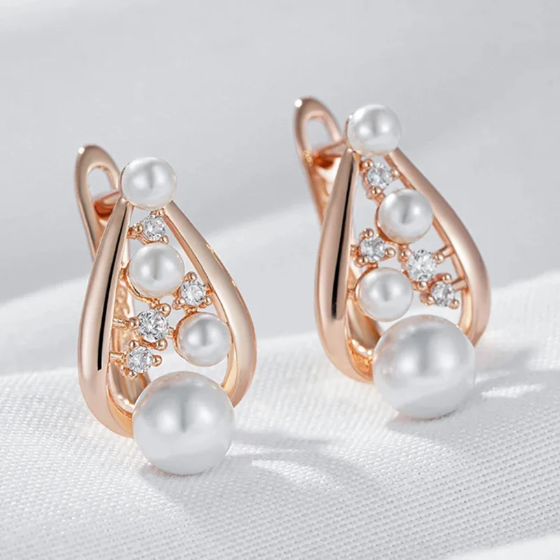 Wbmqda Cute Pearl Drop Earrings For Women 585 Rose Gold Color With Natural Zircon Elegant Daily Party Jewelry 2024 Best Gift