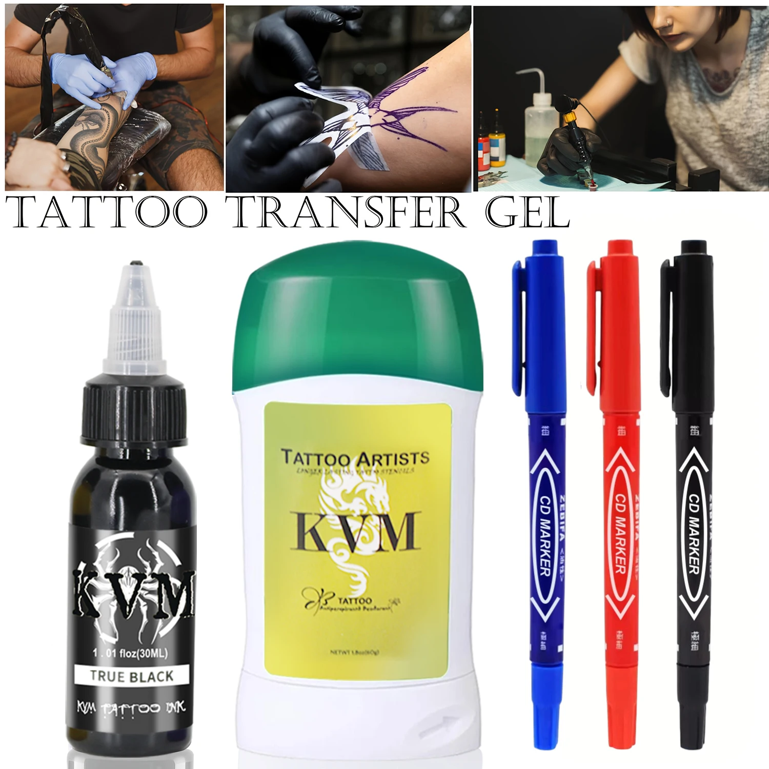 

Профессиональный набор для переноса татуировок KVM: гель для тату-трафаретов, черные маркеры CD, полный комплект расходных материалов и аксессуаров для татуировок
