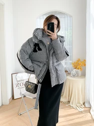 New Houndstooth Hooded Tops Women Winter Coats Oversized Puffy Warm Outerwear White Duck Down Jackets Warm Vintage Coat Female