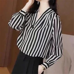 Striped Print Elegant Chic Commute Top Blouse Women Spring Autumn Fashion V Neck Long Sleeve Loose Shirts Blusas Mujer Clothing