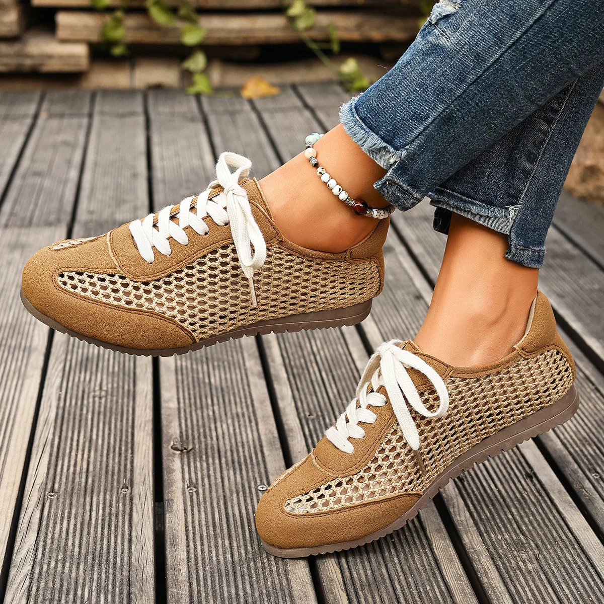 Breathable Casual Ballet Dequn Shoes for Women Woven Mesh Low Top Sporty Flat Heel Comfortable Synthetic Leather And Velvet
