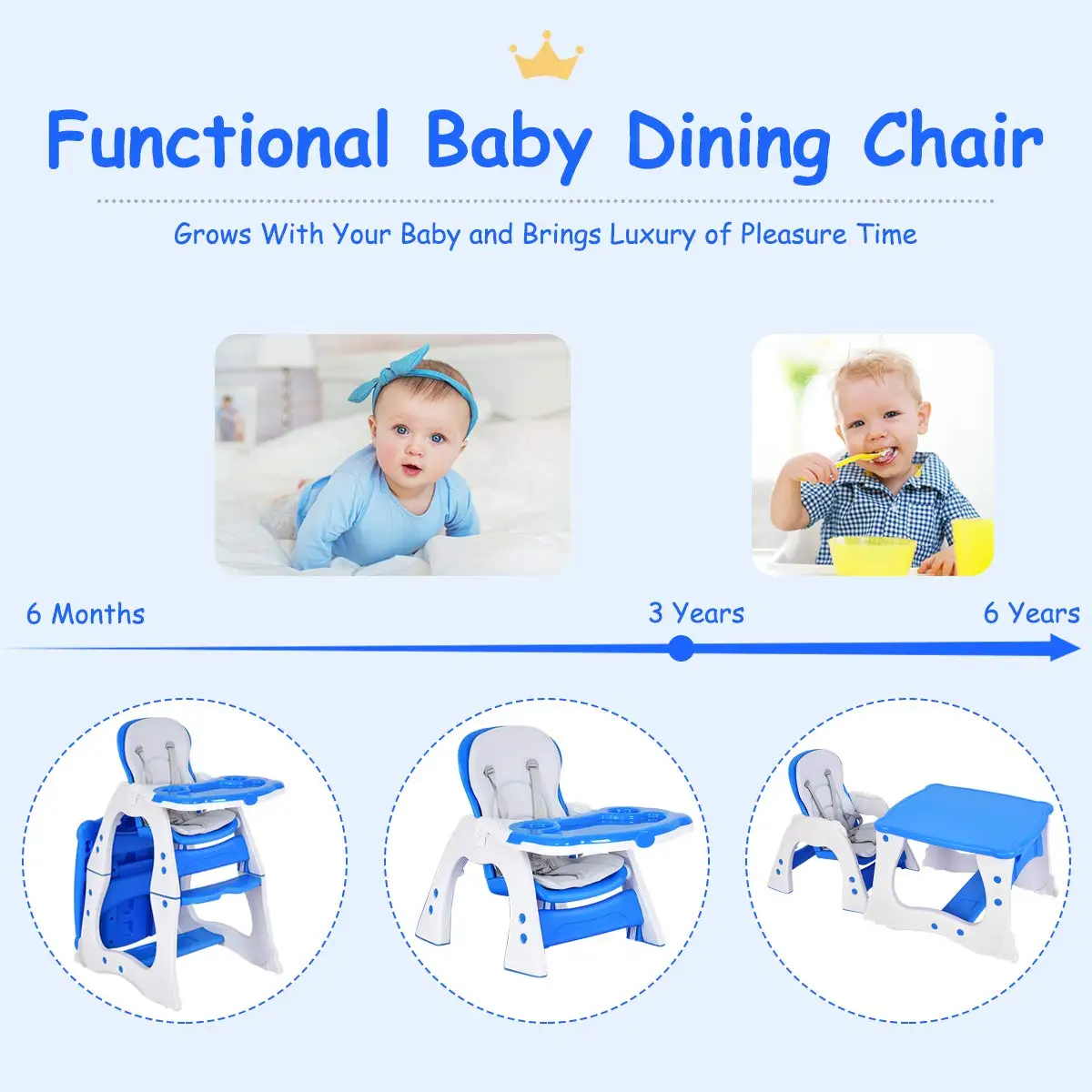 Baby High Chair, 3 in 1 Infant Table and Chair Set, Convertible Booster Seat with 3-Position Adjustable Feeding Tray,