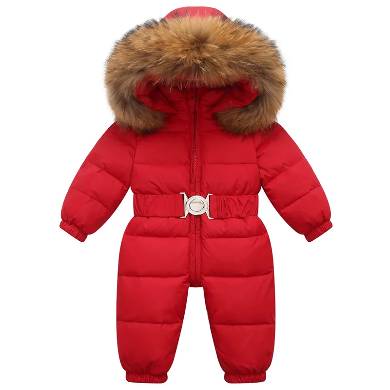 New Baby Winter White Duck Down Jumpduit Boy And Girls Fur Collar Hooded Warm Thicken Overalls Children Outfits y1052