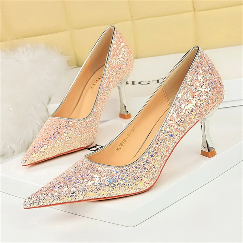 

BIGTREE Fashion Stripper Party Heels Sexy Modern Metal Heels Shimmering Pointy Sequined Wedding Single Shoes For Woman Pumps