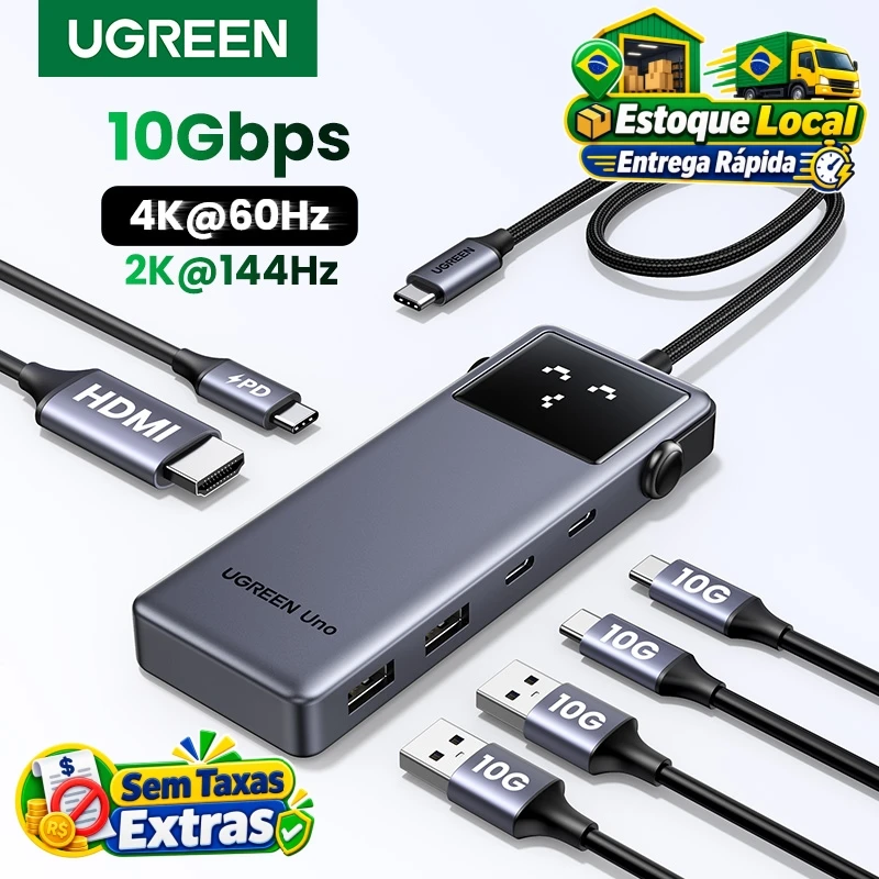 UGREEN Uno Hub USB C 6 em 1 HDMI 4K60Hz PD100W 10Gbps USB 3.2 A e C Tela Emoji Cabo Trançado para MacBook Lenovo HP Dell Envio do Brasil Sem Impostos