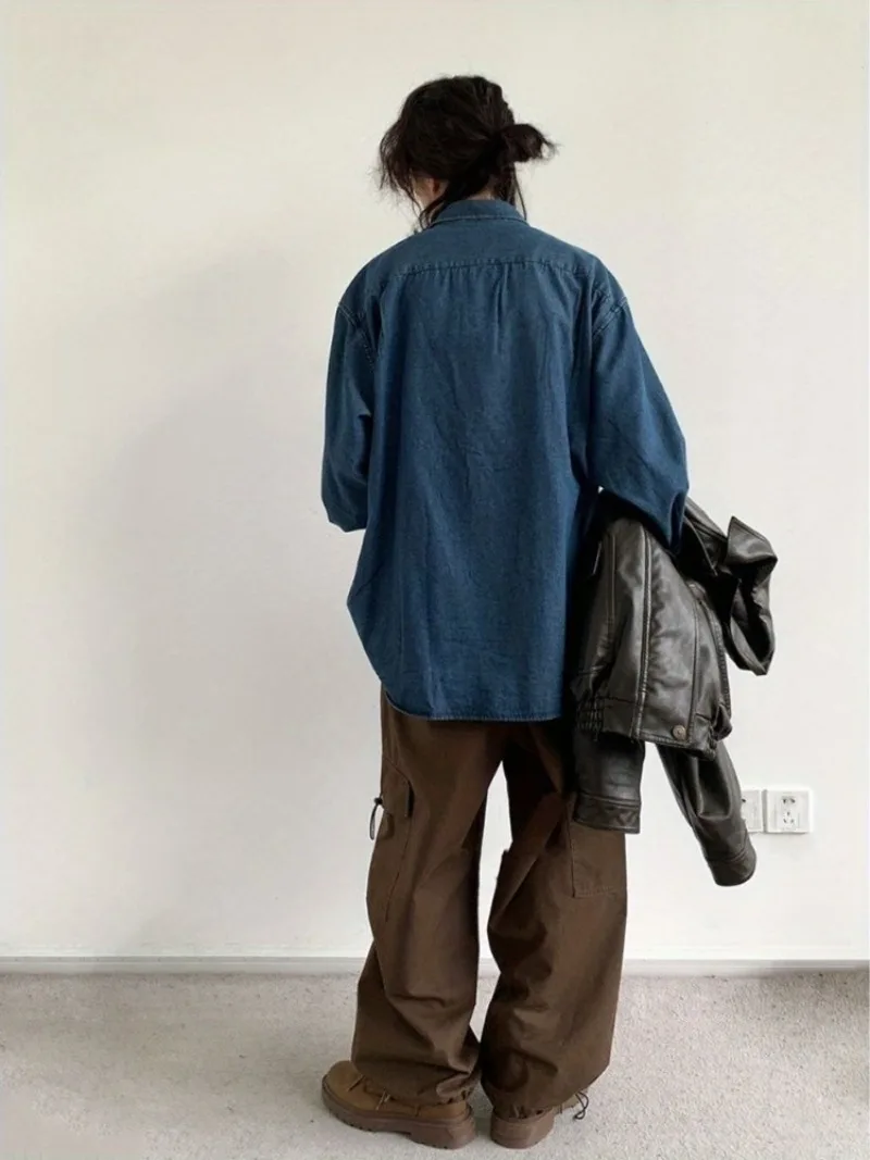 

Мужская джинсовая рубашка унисекс в японском ретро-стиле, минималистичный комплект из 2 предметов для весны и осени