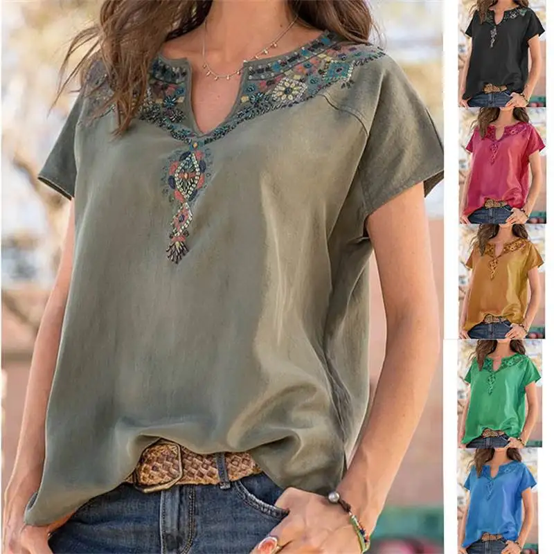 Bohemian S5XL Short Sleeve T-Shirt  Summer Women's Cotton V-Neck Printed Top Ethnic Style Commute Fashion Pure Color