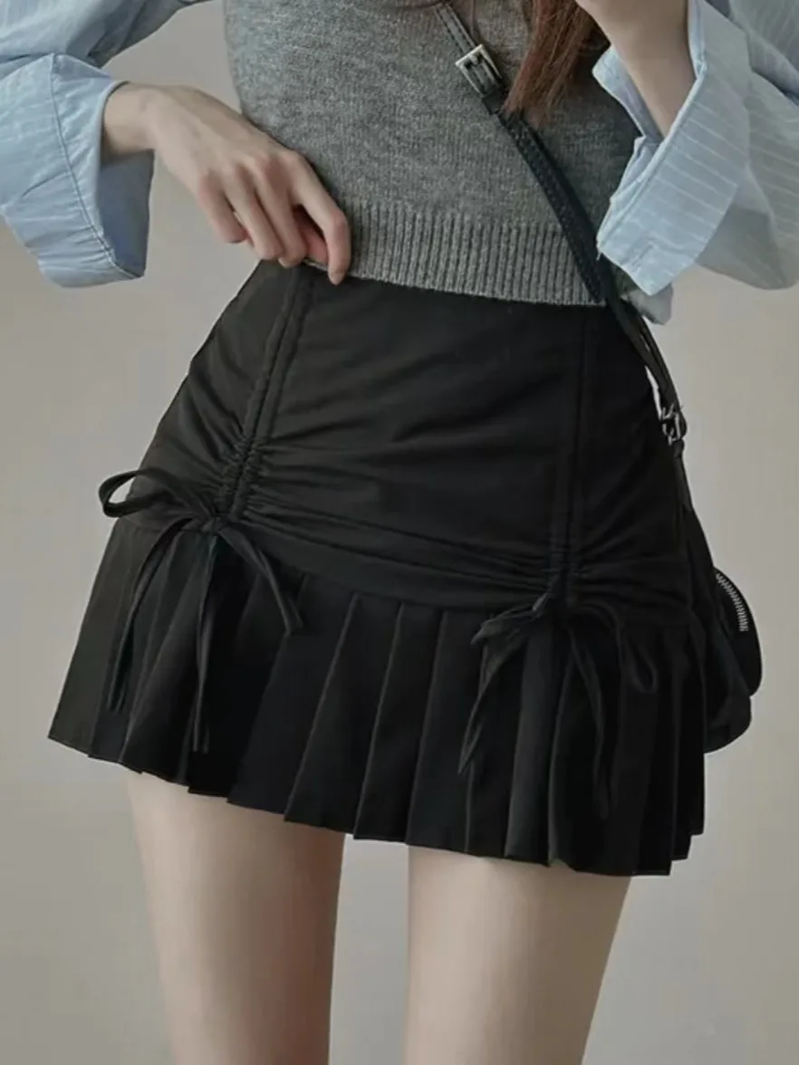 

Chic Summer Vintage High Waist Dstring Patchwork Design Slimming A-Line ort Skirt Faionable Commute Pleated f-length