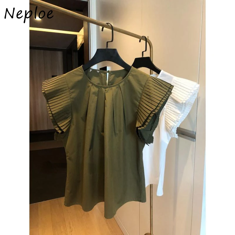 Neploe French Temperament Blusa 2024 Summer Organ Pleated Flying Sleeve Shirt Women Solid Color Round Neck Design Niche Blouses