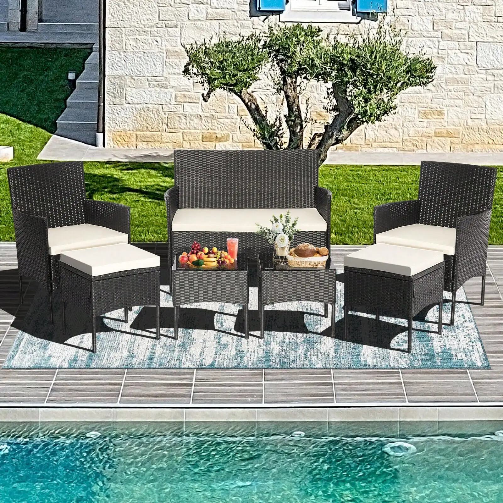 Patio 7PCS Rattan Sofa Furniture Set Table Ottoman Metal Cushioned Outdoor Pool