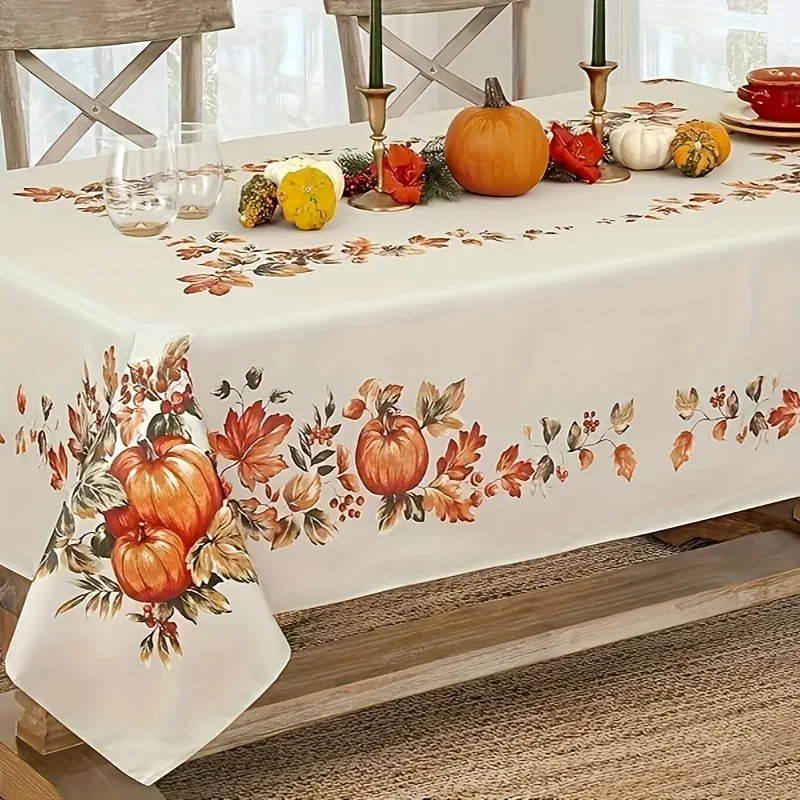 1 piece of linen Thanksgiving traditional autumn harvest tablecloth, with autumn leaves and pumpkin field border print on itxzj