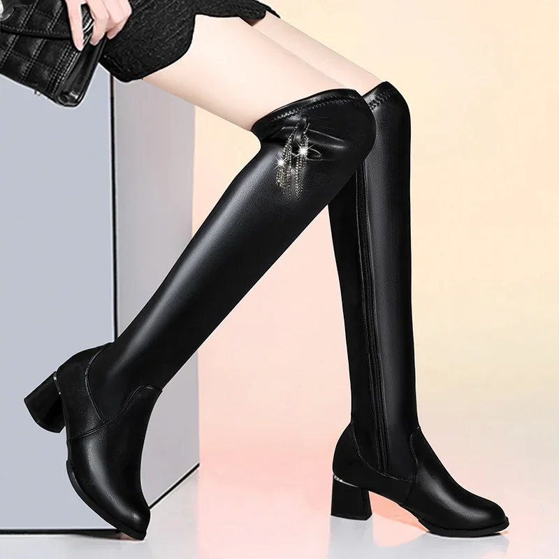 Women Boot Over The Knee PU Minimalist Fashionable Street Style Party Dress Shoe Pointed Toe Chelsea Boot Square Heel Women Shoe