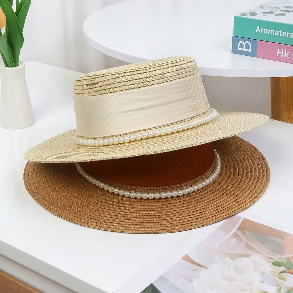 قبعة من القش ذات حافة واسعة للحماية من الأشعة فوق البنفسجية، سلسلة لؤلؤية، قبعة شمسية مسطحة قابلة للتنفس، مريحة في الارتداء، قبعة صياد نسائية خفيفة الوزن