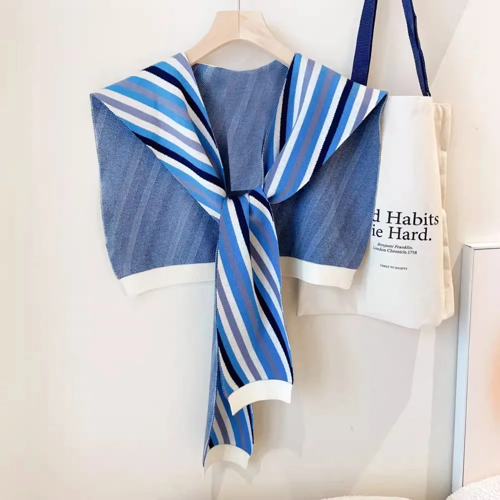 

Wool Blend Colored Knitted Striped Shawls Woman Luxury Outside Air-conditioned Room Warmth False Collar Luxury Designer Scarf