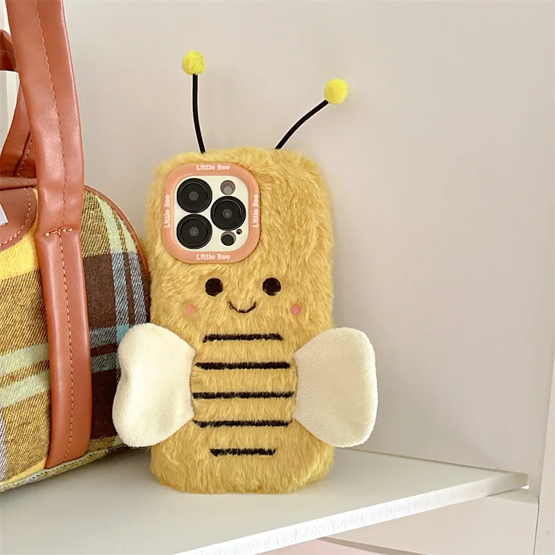 3D Cartoon Bee Lens Bracket Fluffy Fur Plush Phone Case For iPhone 17 Air 16 15 14 13 12 11 Pro Max Shockproof Protective Cover
