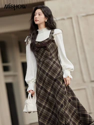 MISHOW Suspender Plaid Dress Women 2024 Fall Winter New French Retro Prairie Chic High-waist Bow A Line Long Dress MXD54L2068