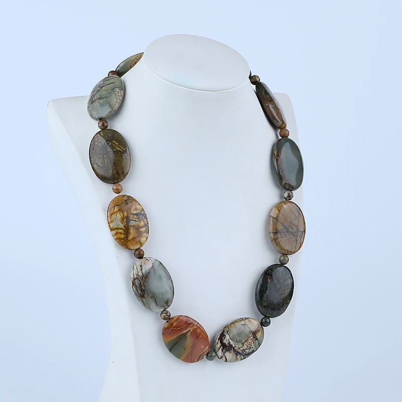 Fashion Jewelry Natural Stone Multi-Color Picasso Jasper Necklace Accessories 35x25x8mm 6mm 50cm 150g