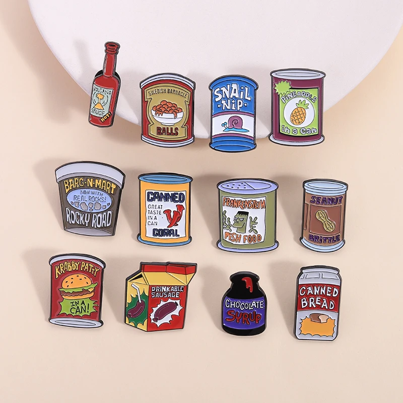 Comedy Animation Snacks Series Enamel Pins Seanut Brittle Canned Bread Krabby Patty Rocky Road Brooch Lapel Badge Jewelry Gifts