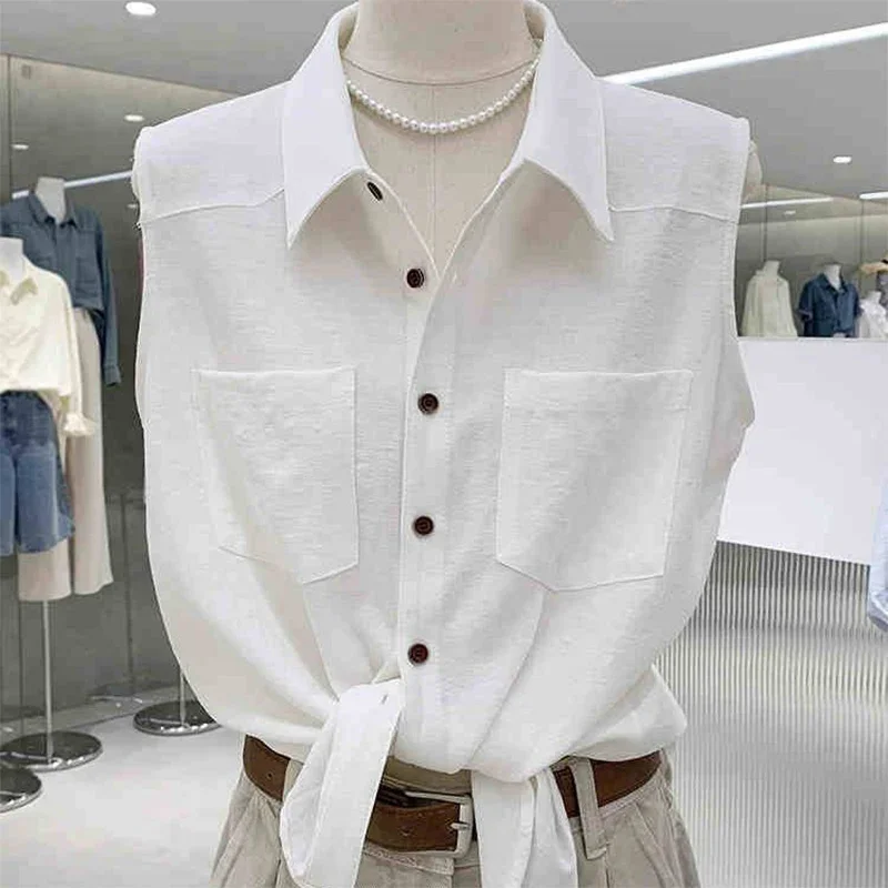 

Simple Polo Collar Double Pockets Sleeveless Shirt for Women Summer Loose Comfortable Temperament Tops Fashion Women Clothing