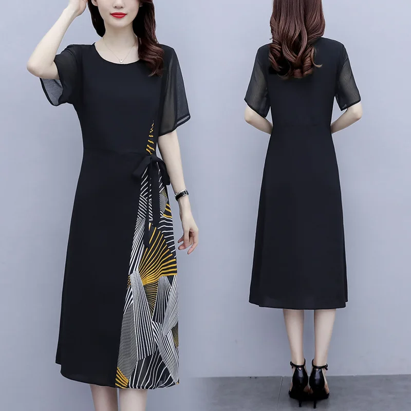 

Элегантное черное платье с коротким рукавом женская одежда летние платья 2022 Новинка цветочное шифоновое платье большого размера bd29