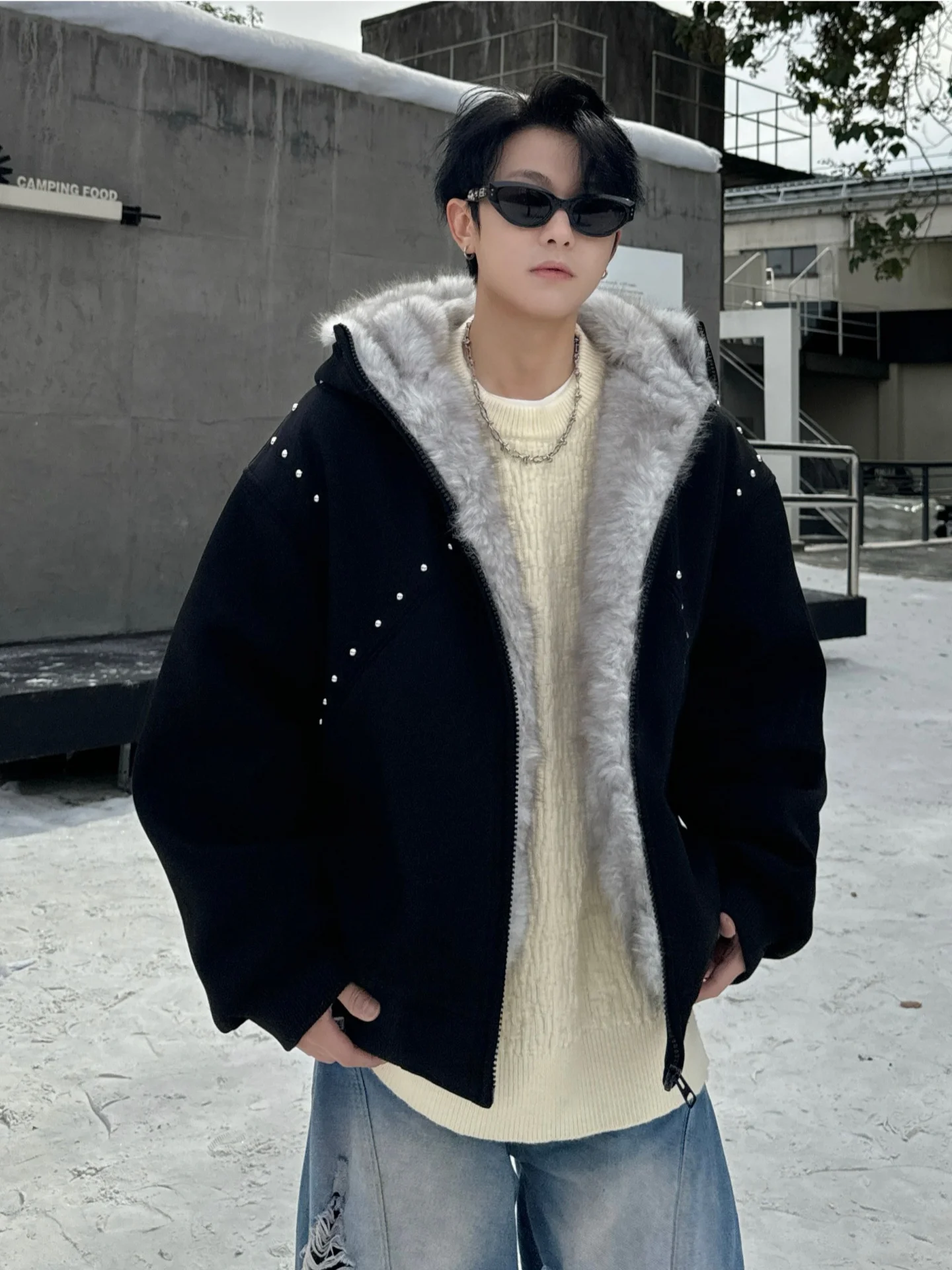 

Rivet Design Men's Thiened Cotton Jaet Rabbit Velvet Simulation Eagle Mountain Coat Winter Warm Long Sve Zipper Closure