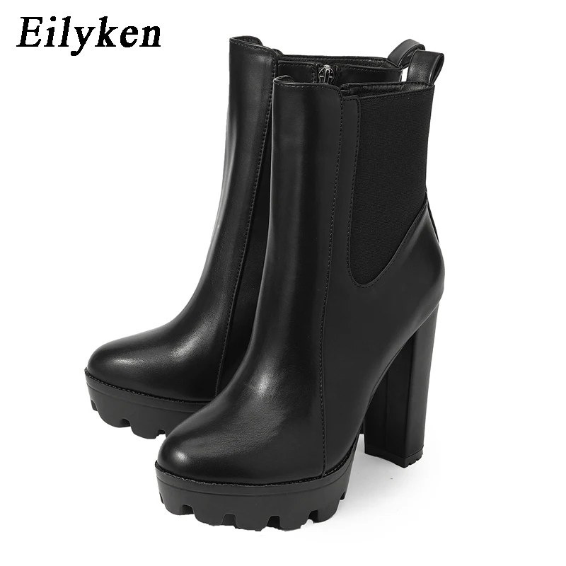 Eilyken New Fashion Chunky Platform Women Ankle Boots Concise Zipper Soft Leather Short Booties Square High Heels Shoes