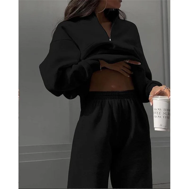 New in Outwears Sweatshirt Winter Clothes Women Warm Suit Ladies Outfit Clothing Long Sleeve Zip-up Top Casual Pants 2 Piece Set