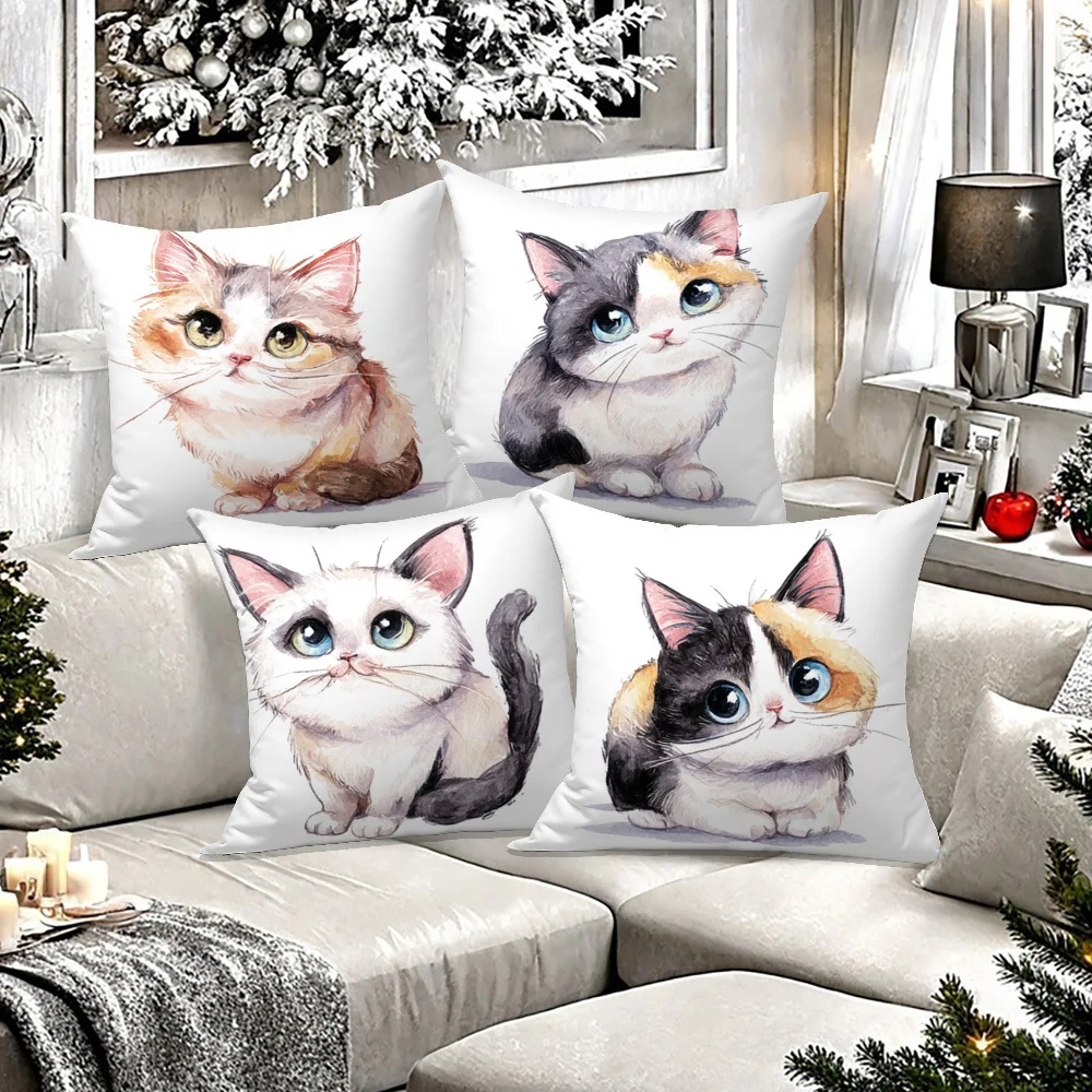 4pcs Cat Lover Style Pillow Covers, Adorable Watercolor Kitten Print Cushion Cases, Cozy Home Decor for Bedroom Living Room