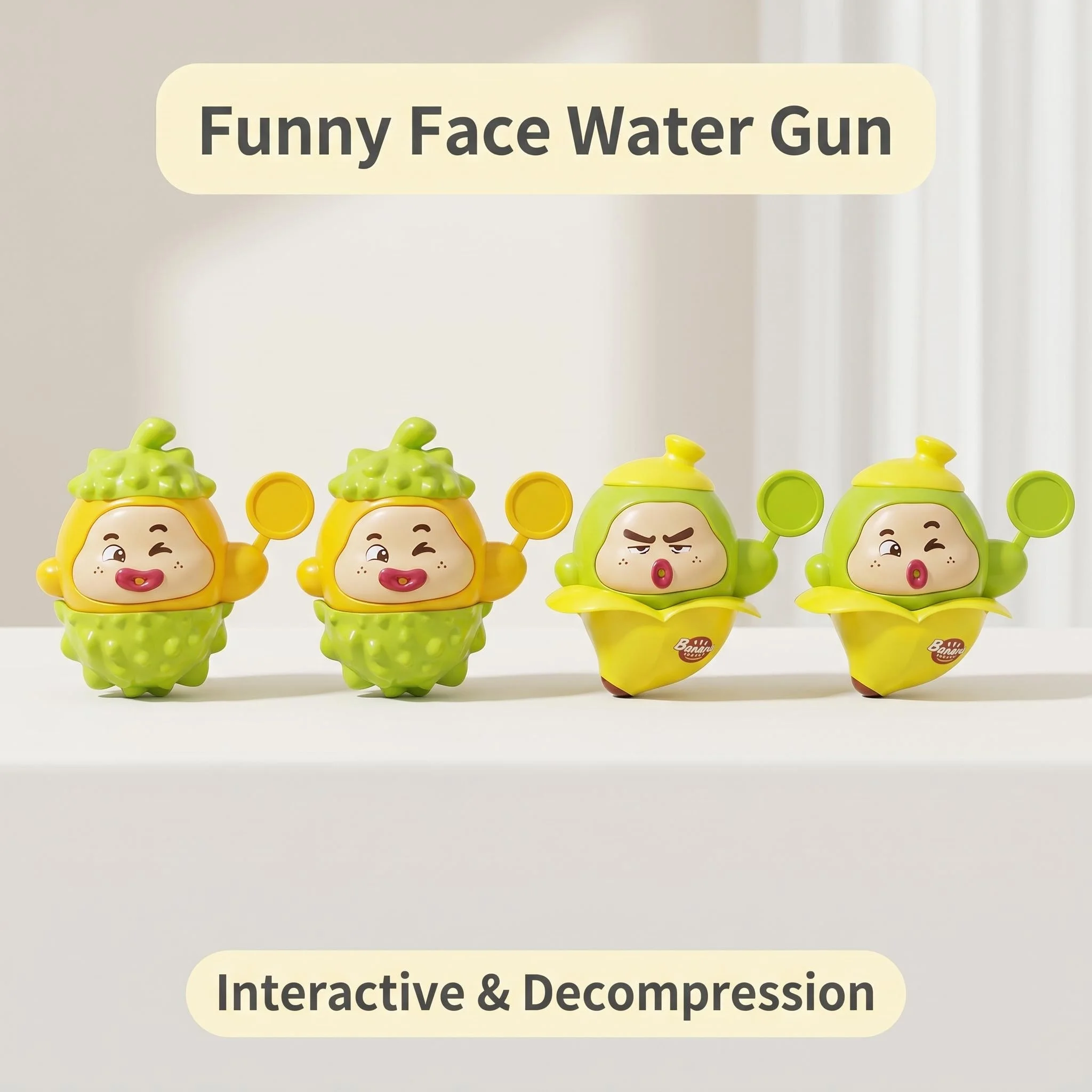 Adorable fruit-themed stress-relieving toys, portable banana and durian squeeze water gun toys. Fun designs, soft and safe edges
