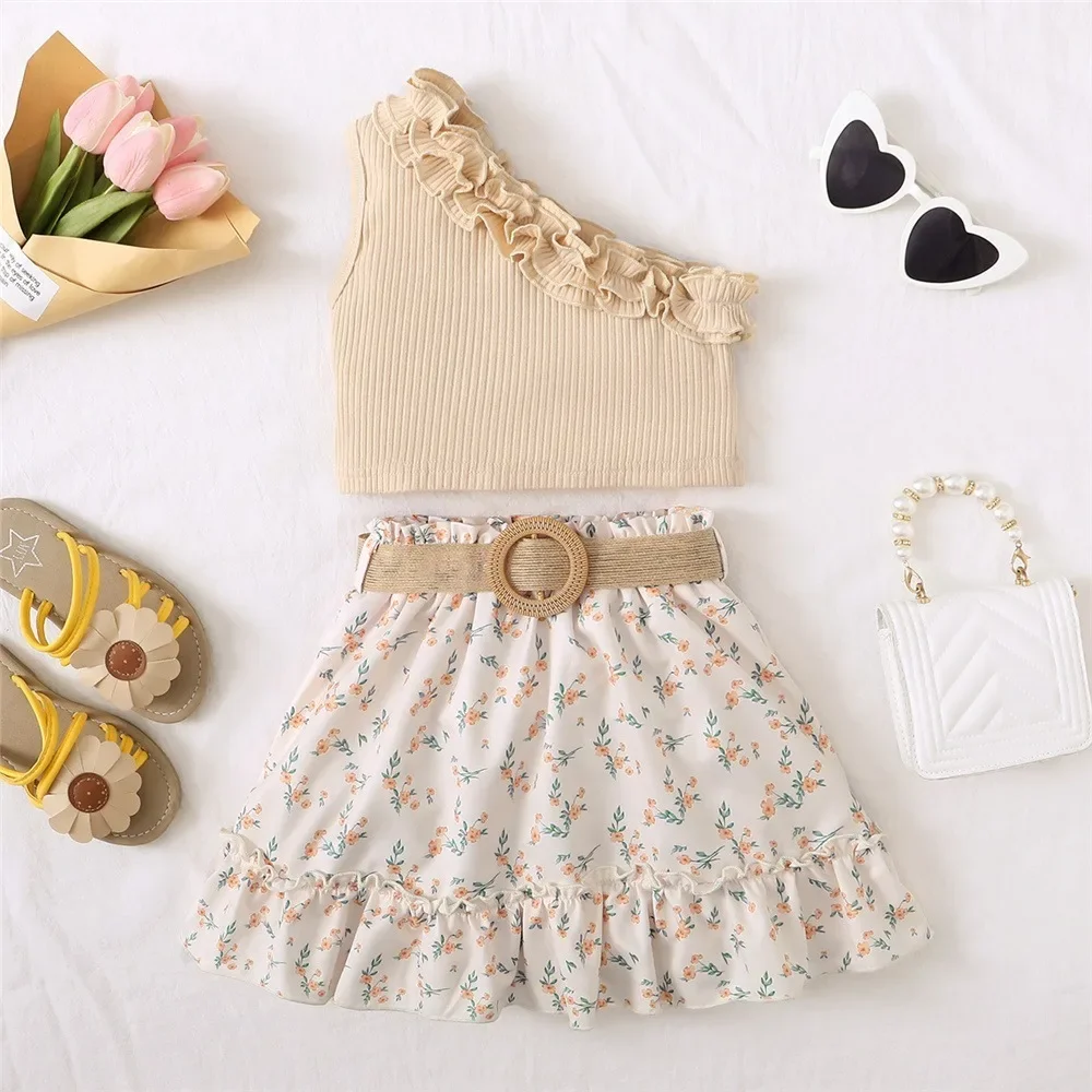 2PCS Kids Baby Girl Clothes Set Retro Off-Shoulder Top+Flowers Skirt Summer Sense Of Design Outfits for Child Girl 1-6 Years