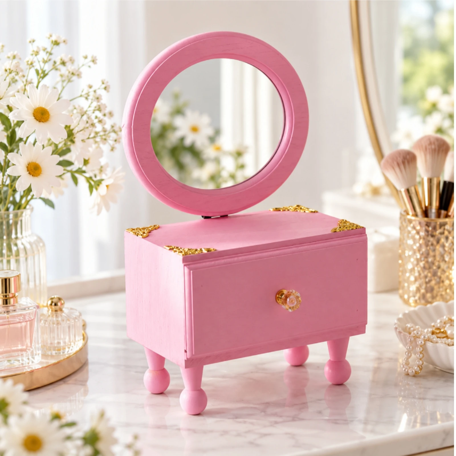 Wooden Jewelry and Cosmetic Storage Box with Mirror Stylish Pink Wooden Jewelry Box with Drawer Long-Lasting Multi-Compartment