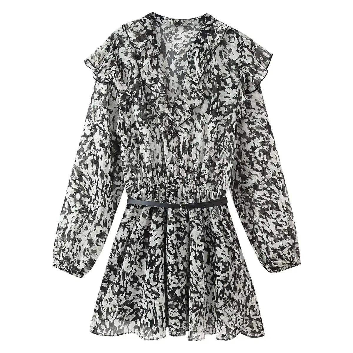 2025 ชุดเดรสพิมพ์ลายแขนยาวคอวีผูกเข็มขัดสไตล์ยุโรปและอเมริกาที่ทันสมัยและสง่างามของผู้หญิง